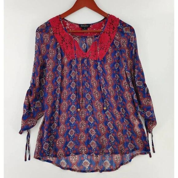Lucky Brand Peasant Top Womens Medium Blue Sheer Lace Crochet Boho Vibe - Picture 1 of 13